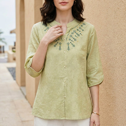 Embroidered Notch Neck Relaxed Everyday Blouse