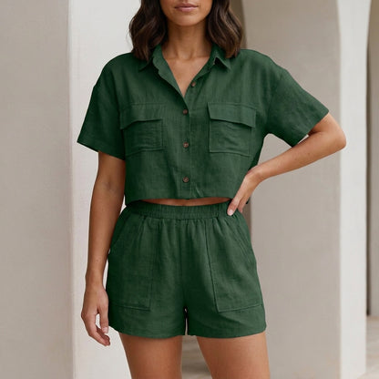 Button Front Pocket Shirt and Shorts Lounge Set