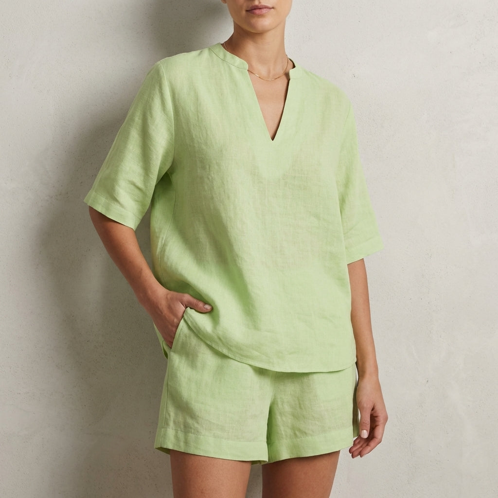 Relaxed Two-Piece Set with Split V-Neck Top and Wide-Leg Shorts