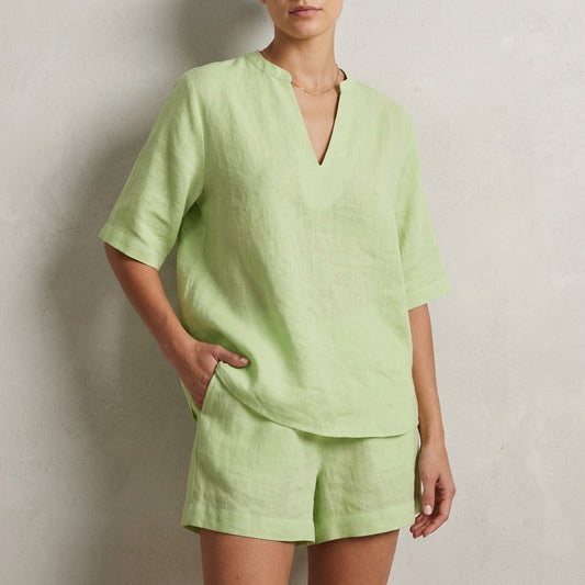 Relaxed Two-Piece Set with Split V-Neck Top and Wide-Leg Shorts