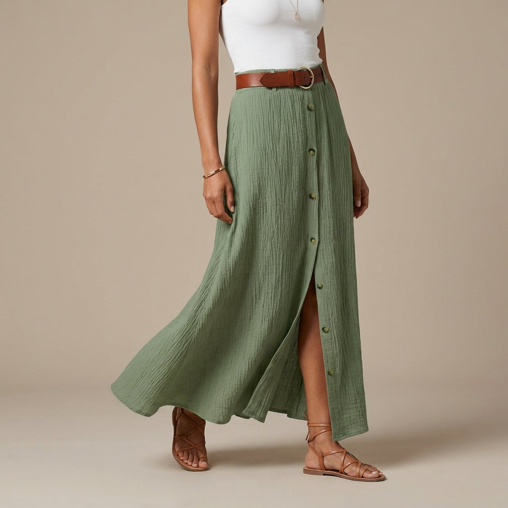 Flowing A-Line Maxi Skirt with Button Front and Slit Detail