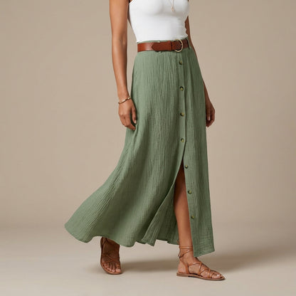 Flowing A-Line Maxi Skirt with Button Front and Slit Detail
