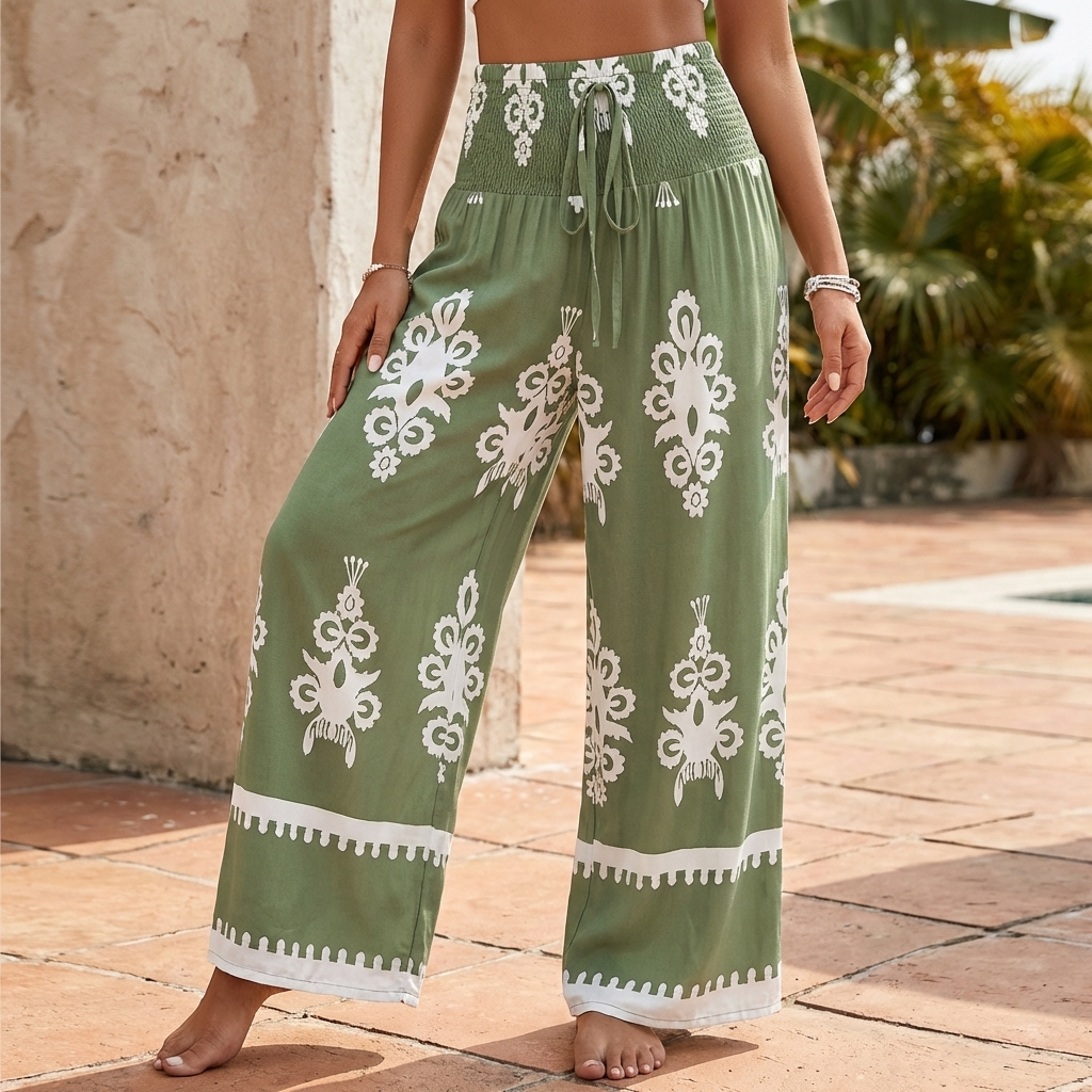 Bohemian-Inspired Flowing Wide-Leg Pants with Ornate Gathered Waist and Decorative Hem