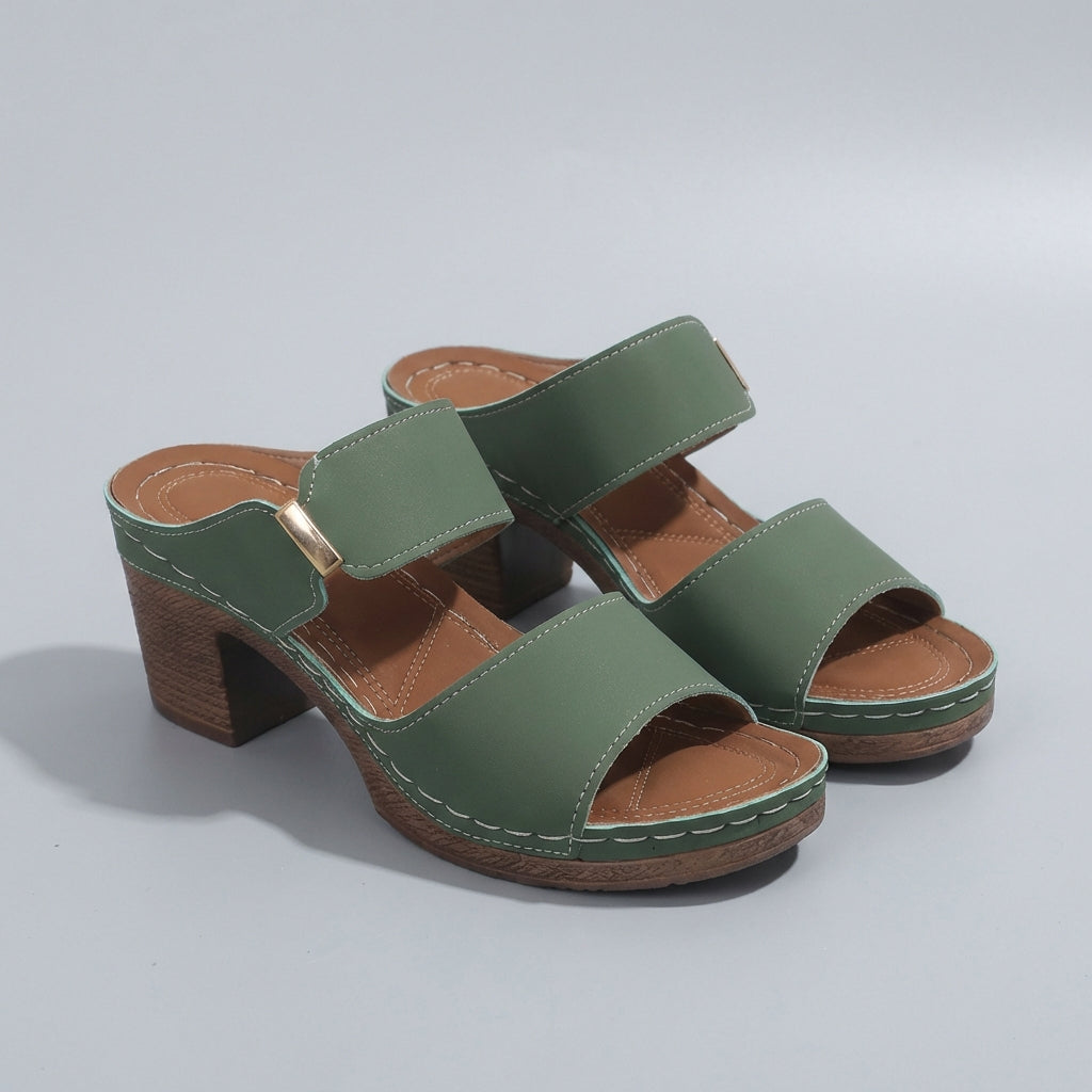 Quilted Two-Strap Block Heel Slide Sandals with Metallic Accent