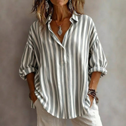 Relaxed Striped V-Neck Shirt Blouse with Rolled 3/4 Sleeves
