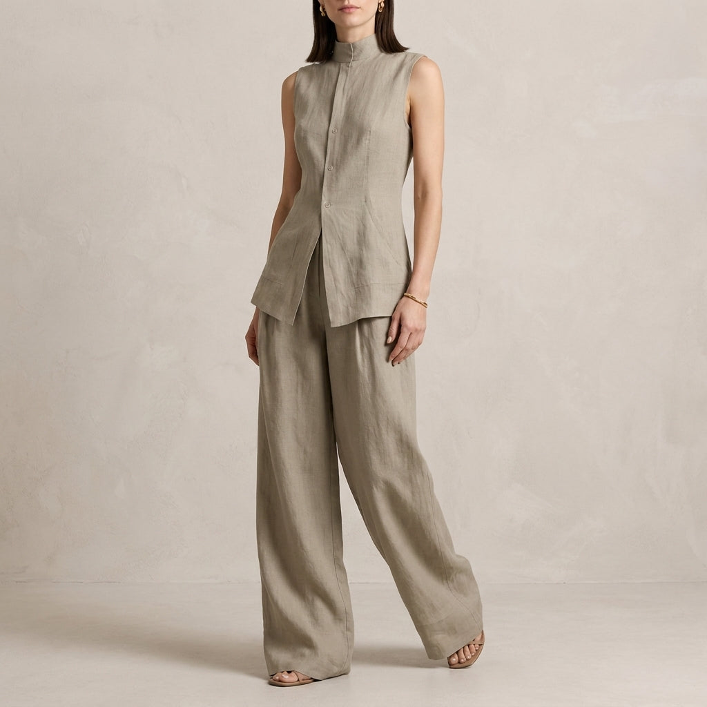Sophisticated Sleeveless High-Neck Two-Piece Set with Flowing Wide-Leg Trousers