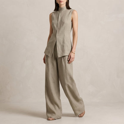Sophisticated Sleeveless High-Neck Two-Piece Set with Flowing Wide-Leg Trousers
