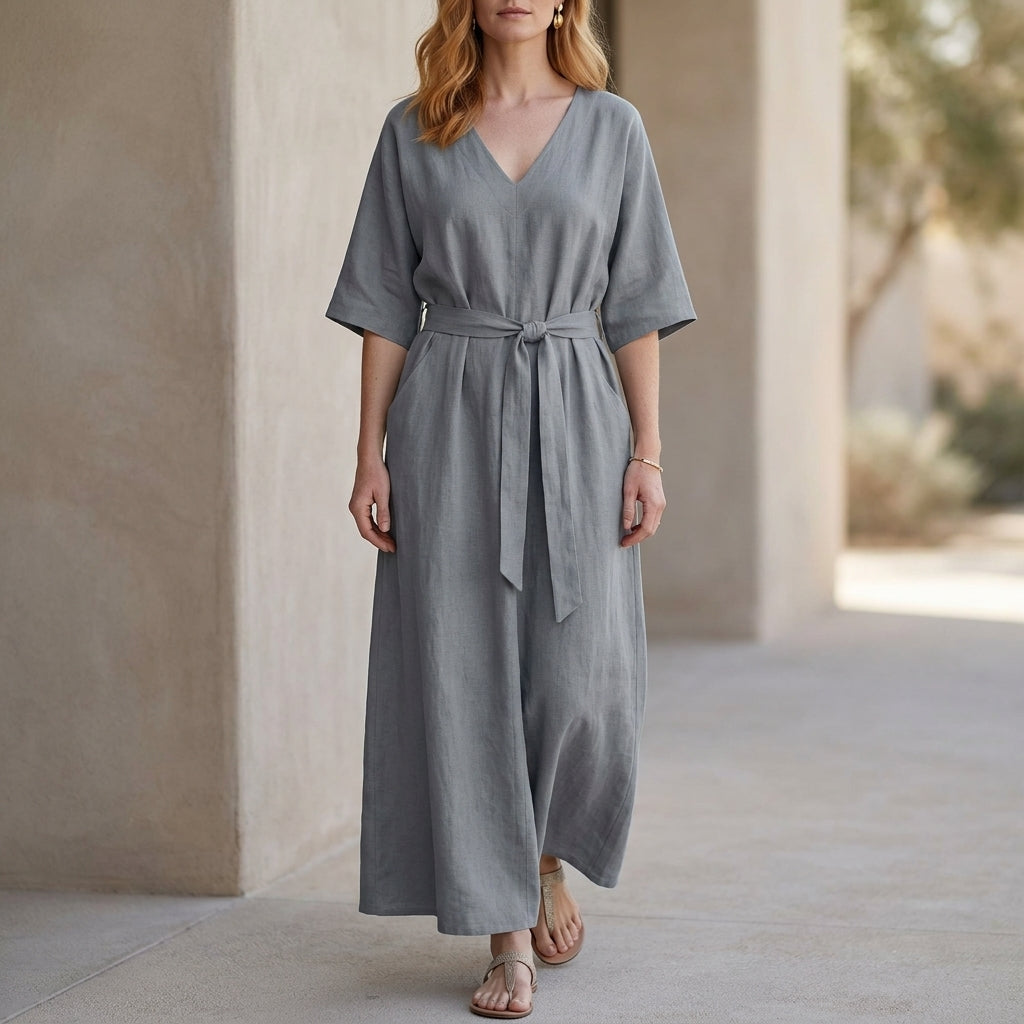 Graceful Belted Maxi Dress with Relaxed V-Neck Silhouette