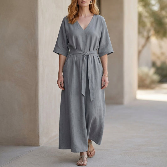 Graceful Belted Maxi Dress with Relaxed V-Neck Silhouette