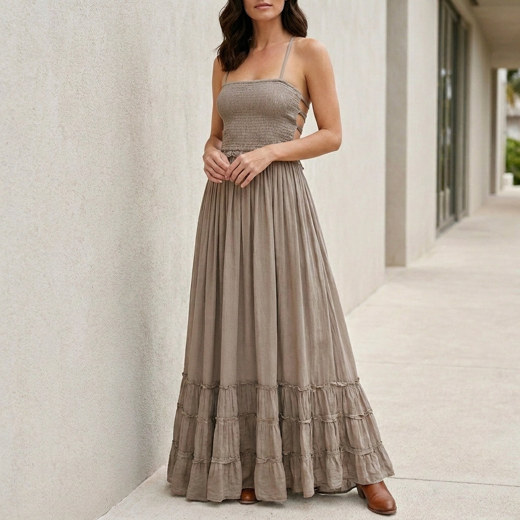 Bohemian Open-Back Smocked Maxi Dress with Ruffle Hem