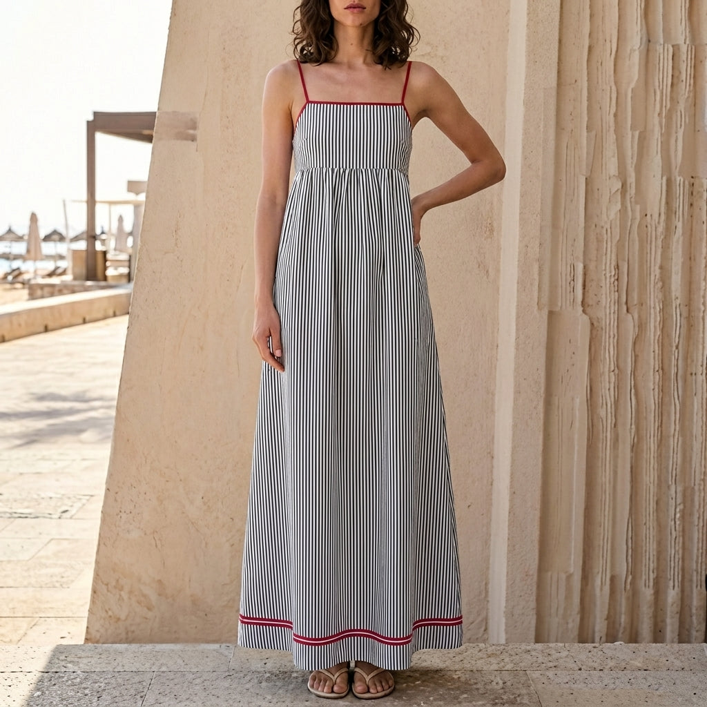 Striped Square Neck Sleeveless Maxi Dress with Pockets
