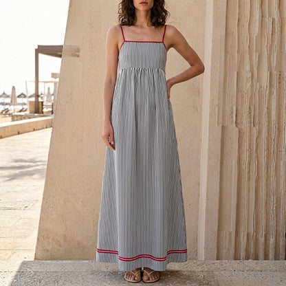Striped Square Neck Sleeveless Maxi Dress with Pockets