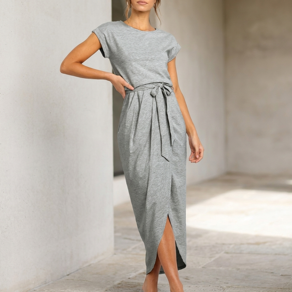Relaxed Midi Dress with Self-Tie Belt and High Slit