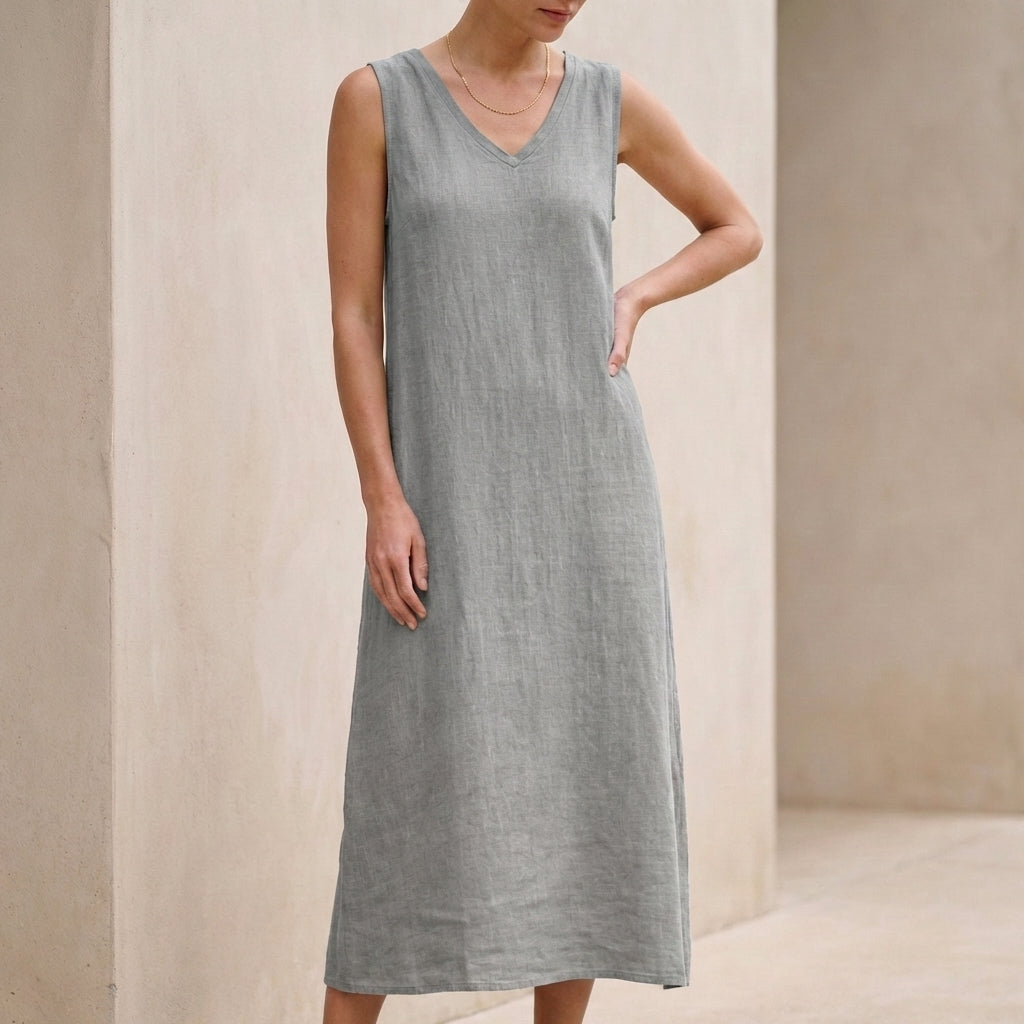 Effortless Cotton Linen V-Neck Sleeveless Shift Midi Dress with Pockets