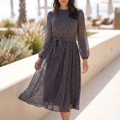 Polka Dot A-Line Midi Dress with Tie-Waist and Sheer Sleeves
