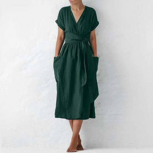 Relaxed Fit Linen Blend Wrap Midi Dress with Pockets