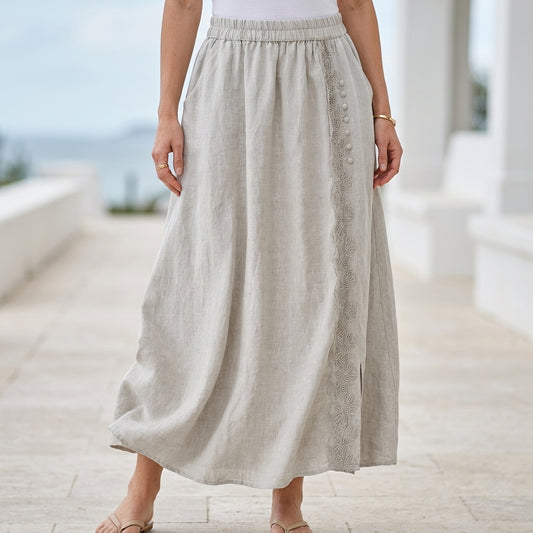 Graceful Lace-Trim Button Detail Midi Skirt