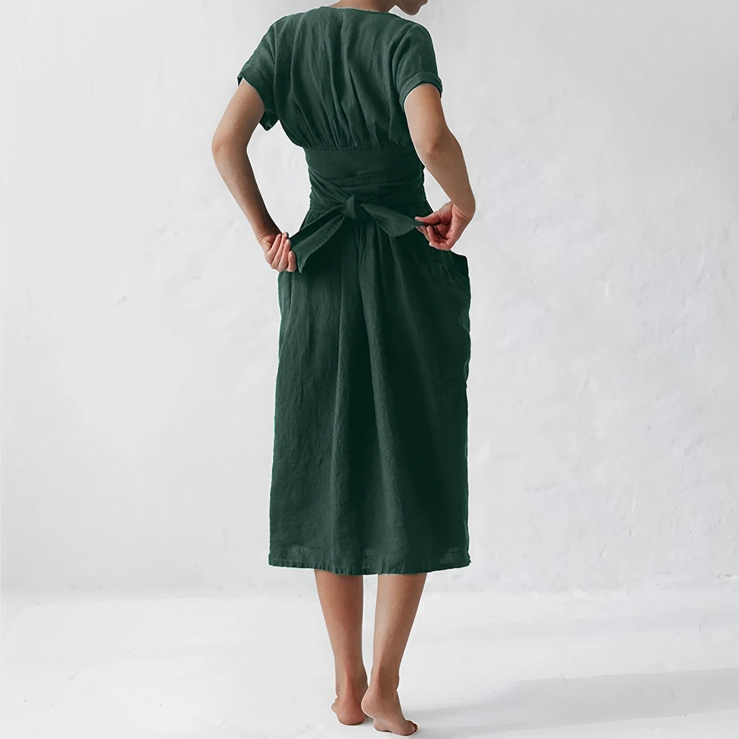 Relaxed Fit Linen Blend Wrap Midi Dress with Pockets