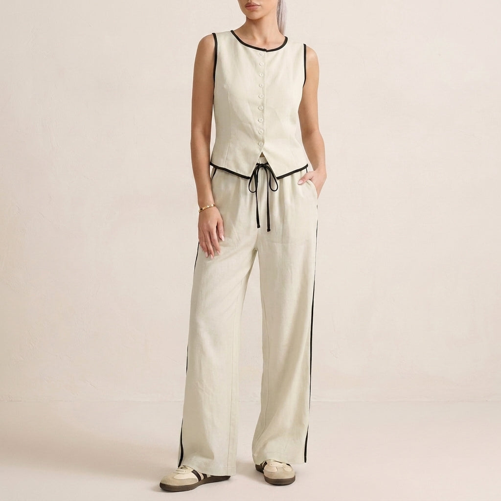 Contrast Trim Two-Piece Set with Relaxed Wide-Leg Pants and Top