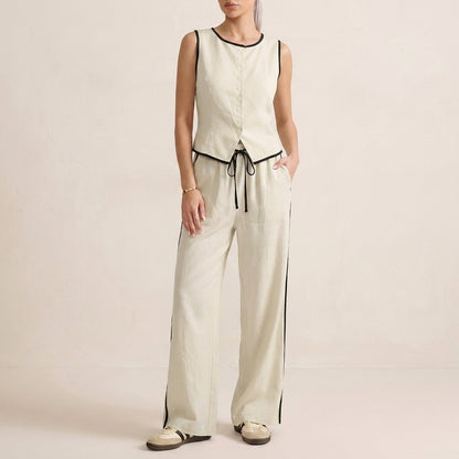 Contrast Trim Two-Piece Set with Relaxed Wide-Leg Pants and Top