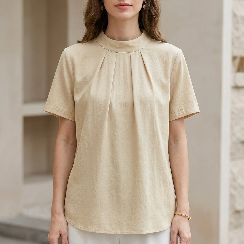 Minimalist Tie-Back Blouse with Soft Pleated Neckline