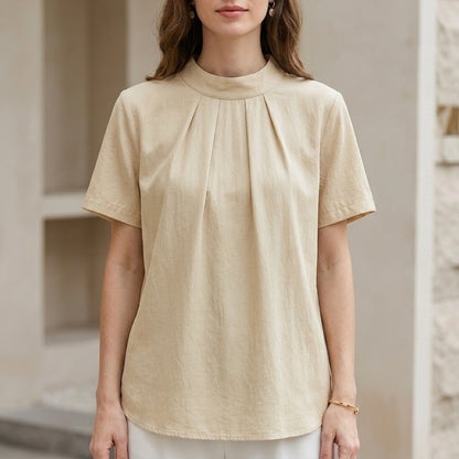 Minimalist Tie-Back Blouse with Soft Pleated Neckline