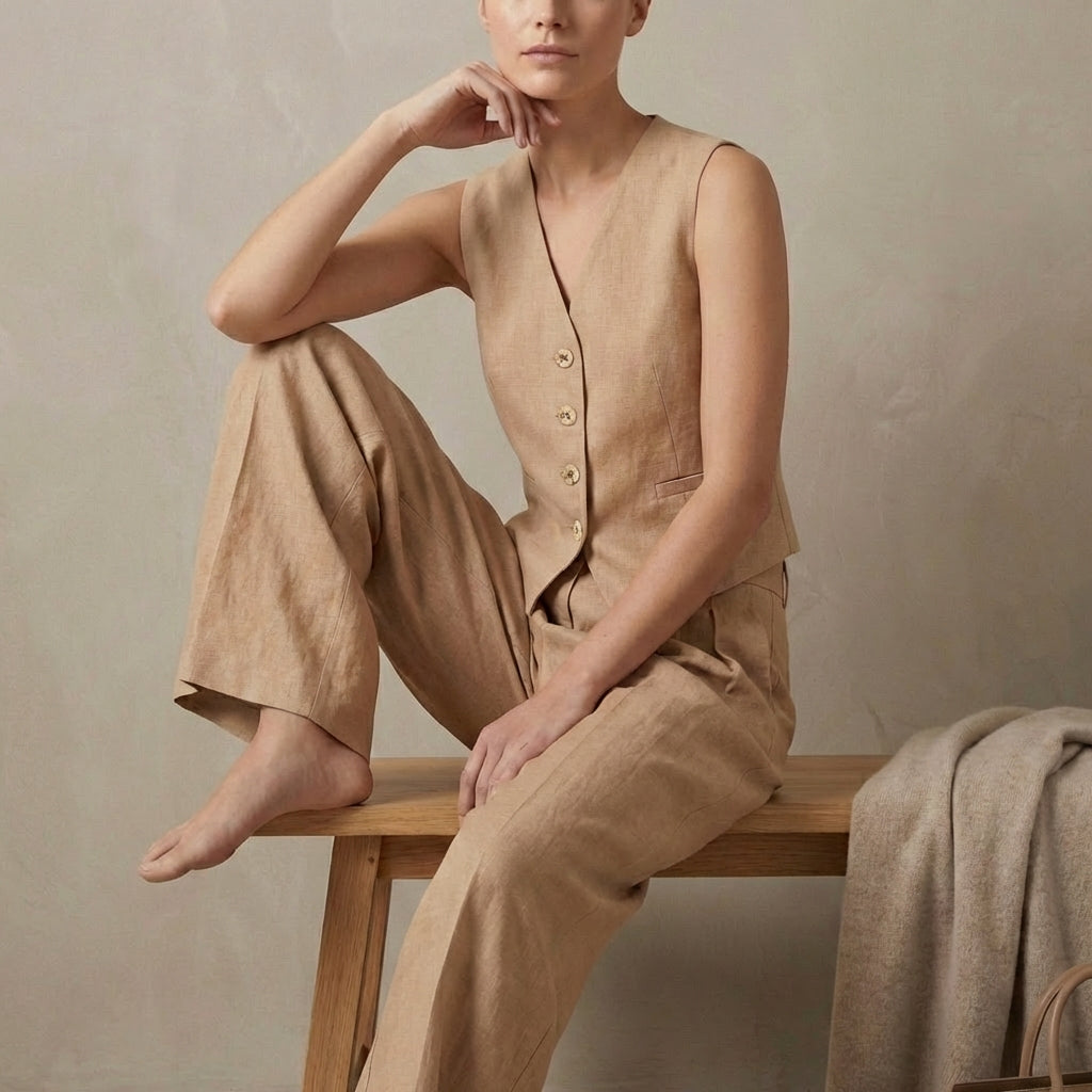 Tailored Linen Sleeveless Vest and High-Waisted Pleated Trouser Set