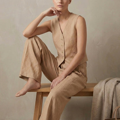 Tailored Linen Sleeveless Vest and High-Waisted Pleated Trouser Set