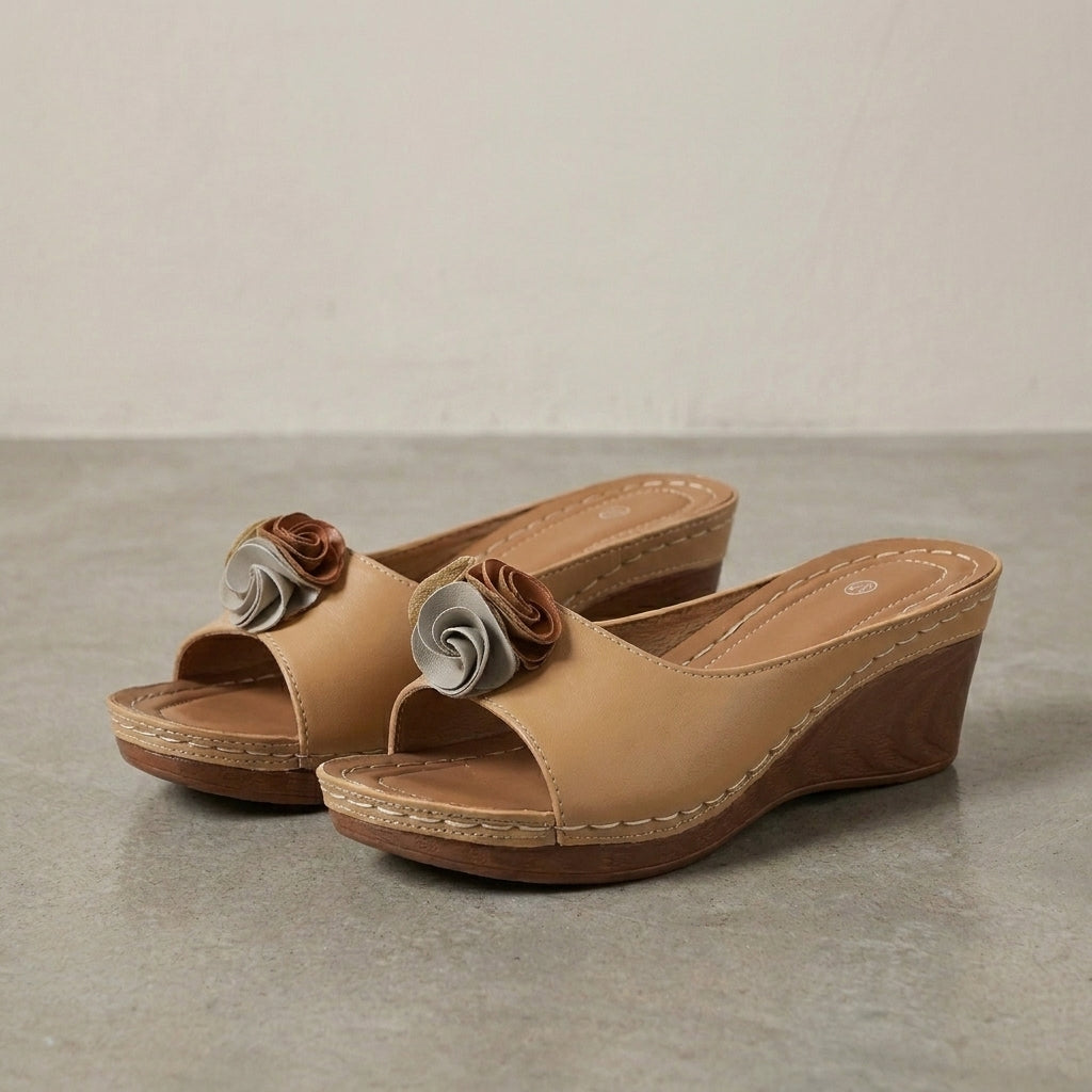 Wedge Slide Sandals with Layered Floral Accent and Cushioned Footbed