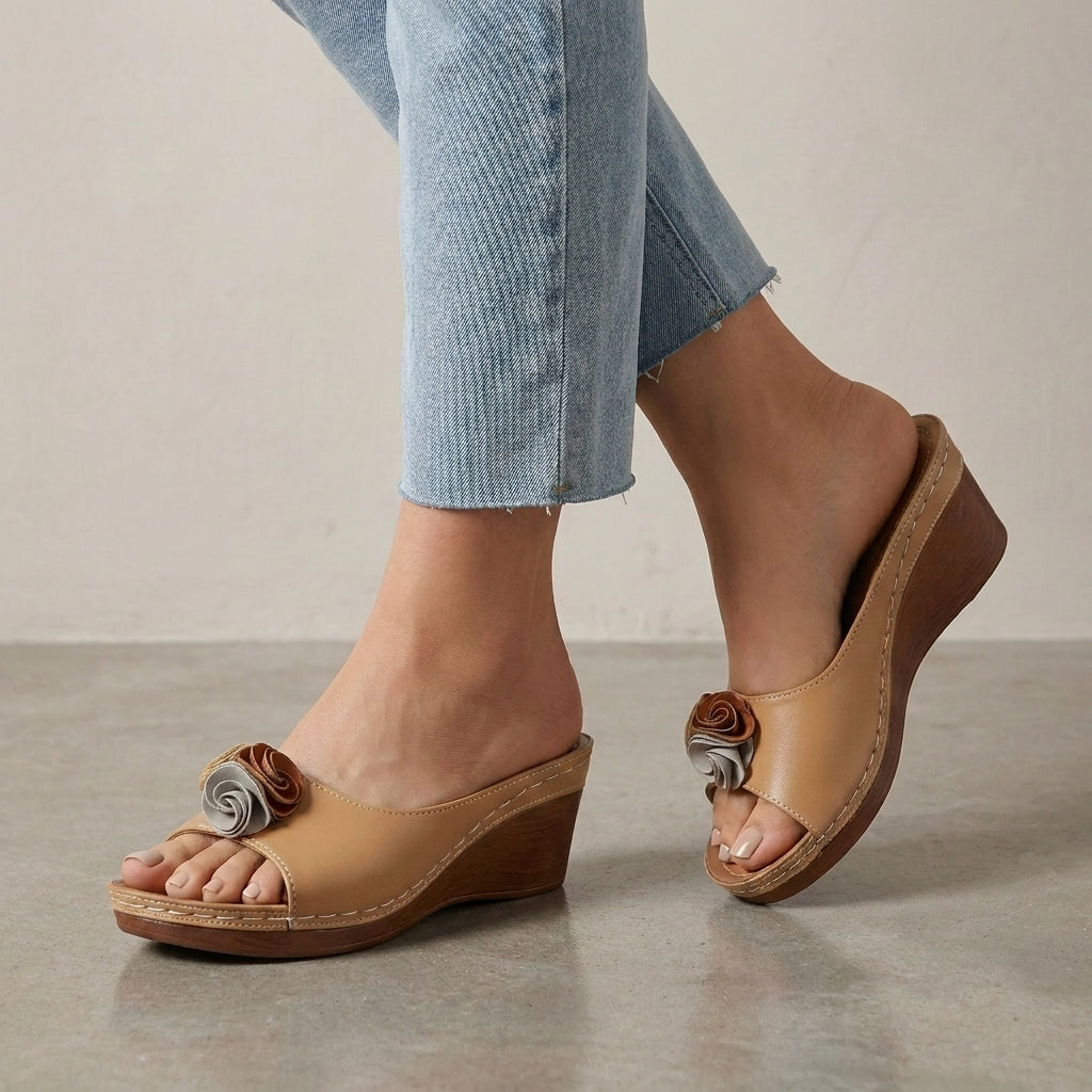 Wedge Slide Sandals with Layered Floral Accent and Cushioned Footbed