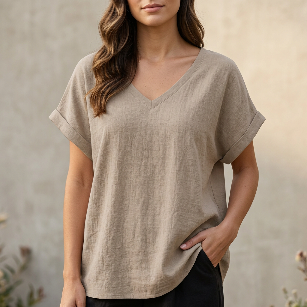 V-Neck T-Shirt with Asymmetrical Hem and Relaxed Fit