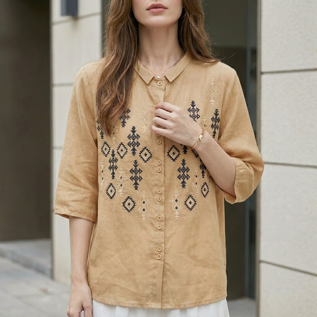 Embroidered Geometric Button-Down Blouse with Stand Collar and Relaxed Fit
