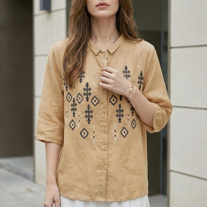Embroidered Geometric Button-Down Blouse with Stand Collar and Relaxed Fit