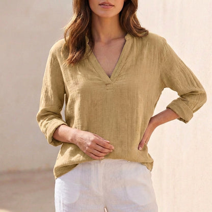 Relaxed Cotton Linen V-Neck Pullover Blouse with Textured Finish