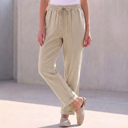 Relaxed Fit Cotton Linen Ankle-Length Pants with Drawstring Waist