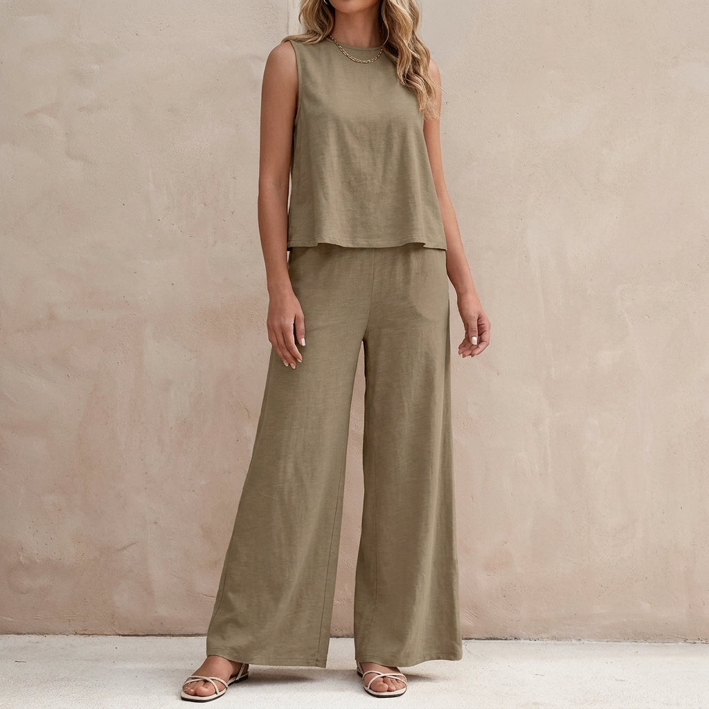 Sunlit Sleeveless Two-Piece Set with Flowing Wide-Leg Pants