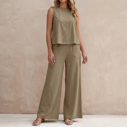 Sunlit Sleeveless Two-Piece Set with Flowing Wide-Leg Pants