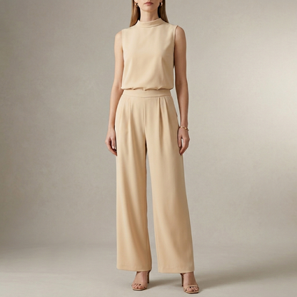Tailored Sleeveless Mock-Neck Top with High-Waisted Wide-Leg Trousers Set