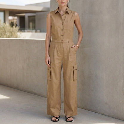 Tailored Sleeveless Utility Jumpsuit with Wide-Leg Silhouette and Collar