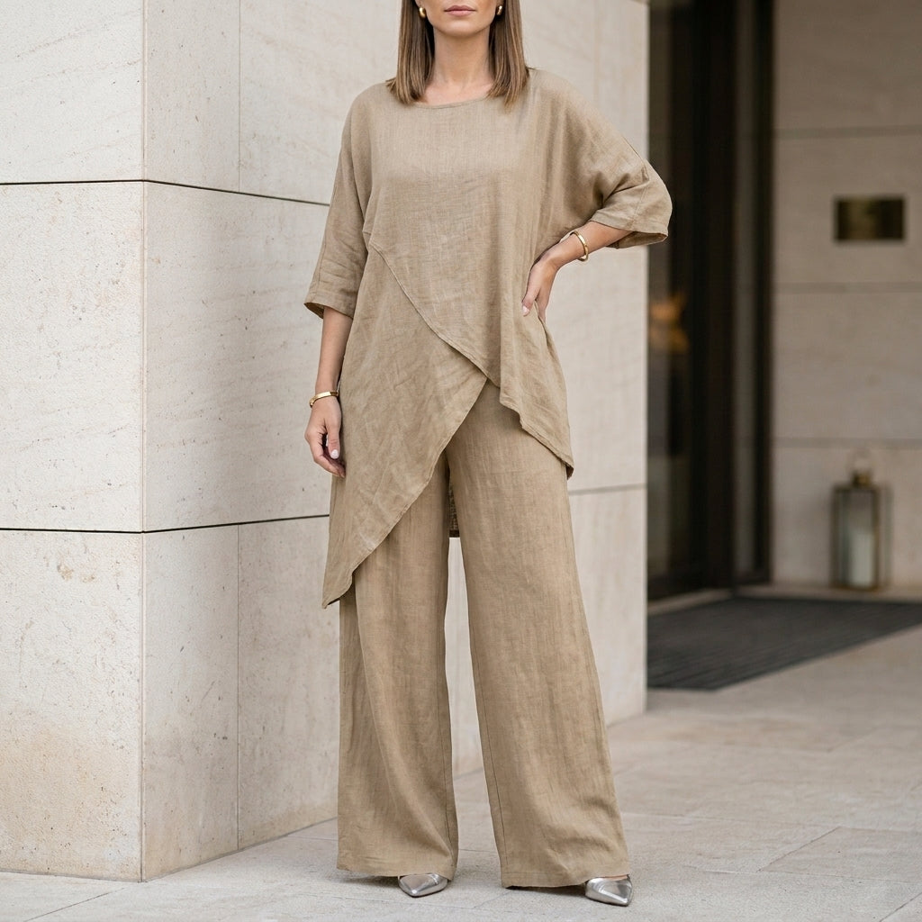 Relaxed Two-Piece Set with Flowing Wide-Leg Pants Elegance