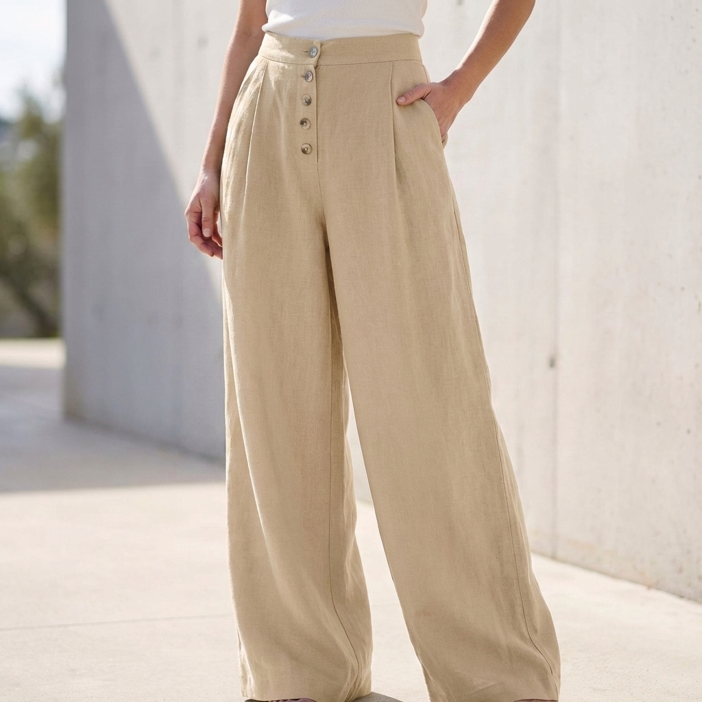 High-Waisted Wide-Leg Pants with Exposed Button Fly and Pleats