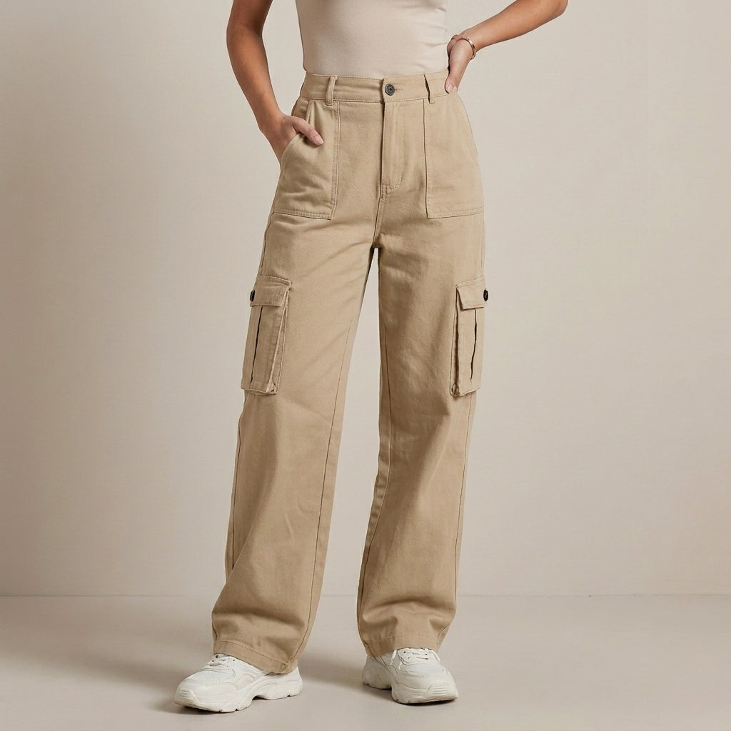 High-Waist Cargo Pants with Relaxed Wide-Leg Streetwear Fit