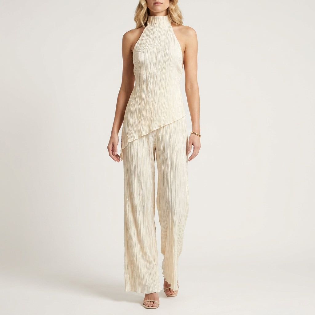Celeste Pleated Halter Top and Wide-Leg Pant Set