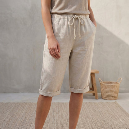Linen Relaxed-Fit Capri Pants with Drawstring Waist and Cuffed Hem