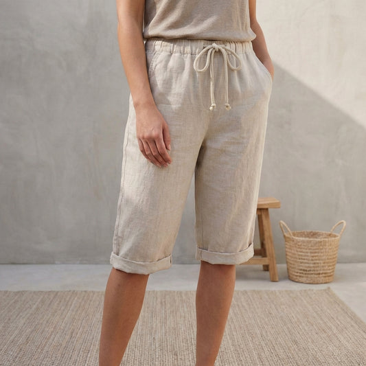 Linen Relaxed-Fit Capri Pants with Drawstring Waist and Cuffed Hem