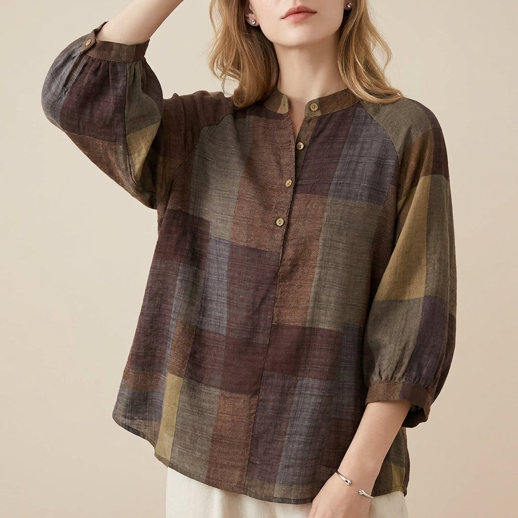 Relaxed Lantern Sleeve Blouse with Mandarin Collar and Curved Hem