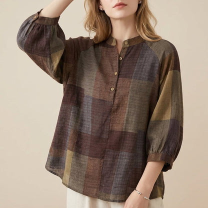 Relaxed Lantern Sleeve Blouse with Mandarin Collar and Curved Hem