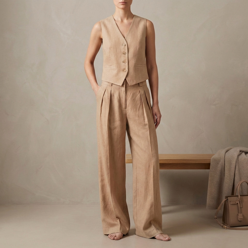 Tailored Linen Sleeveless Vest and High-Waisted Pleated Trouser Set