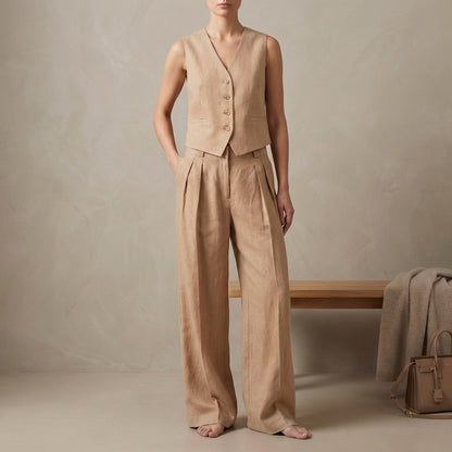 Tailored Linen Sleeveless Vest and High-Waisted Pleated Trouser Set