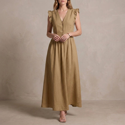 Graceful Ruffle Sleeve Button-Front Maxi Dress